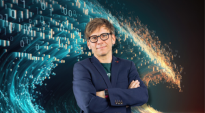 Ein Mann vor einer Welle, die aus Daten besteht.
